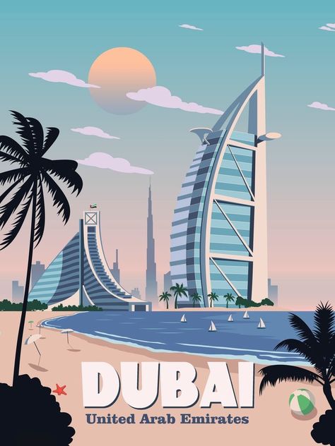 ~ NickVectorStudio Poster Vintage Retro, Tourism Poster, Vintage Poster Design, Retro Travel Poster, Poster Illustration, City Illustration, Dubai Travel, Travel Brochure, Travel Illustration