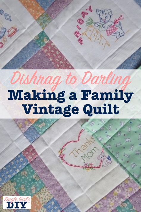 See how Grandmother's vintage embroidery work from the 1950s was repurposed into a beautiful patchwork quilt. Get inspired by these ideas and patterns to make your own family heirloom. Patchwork, Handkerchief Quilt How To Make A, Hand Embroidery Quilt Blocks, Heirloom Quilts Ideas, Family Quilt Ideas, Vintage Linens Quilt, Embroidered Quilt Blocks Ideas, Vintage Linen Quilts, Embroidery On Quilts Ideas