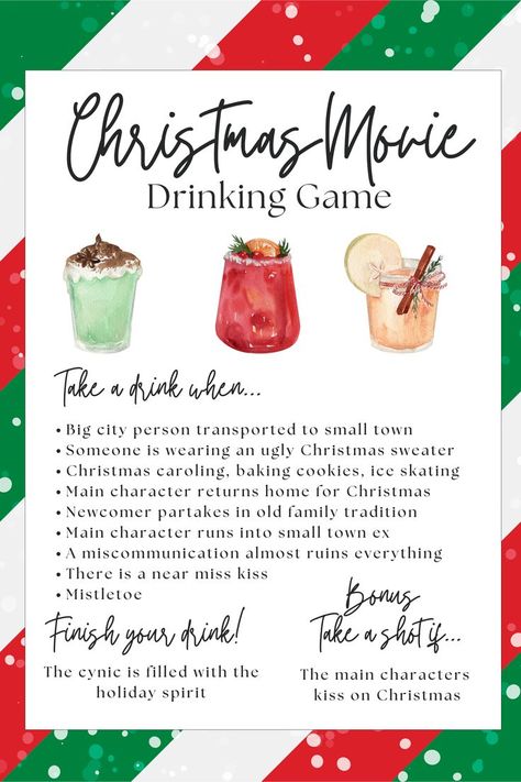 Christmas Movie Drinking Games, Christmas Themed Girls Night, Themed Christmas Movie Night, Hallmark Christmas Movie Party, Christmas Movie Games, Hallmark Christmas Party, Christmas Movie Night Ideas, Christmas Movie Party, Drinking Game Printable