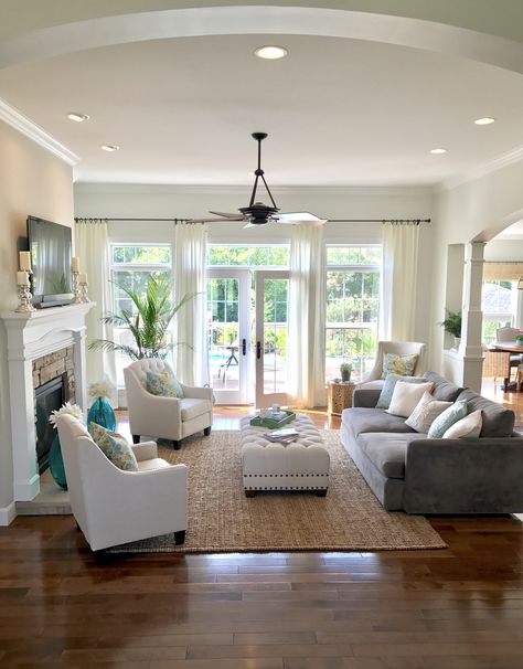 Open concept living. Family room with French doors and built-ins flanking the fireplace. Wood flooring, jute rug, Crate and Barrel couch. Lounge II couch. Kensington Hill Tivoli Tufted chairs from LampsPlus.com, Lamps Plus, LampsPlus Small Room Design, Rooms Design, Open Concept Living Room, Dream Living Rooms, Dream Living, Family Room Design, Living Room Remodel, Livingroom Layout, Furniture Layout