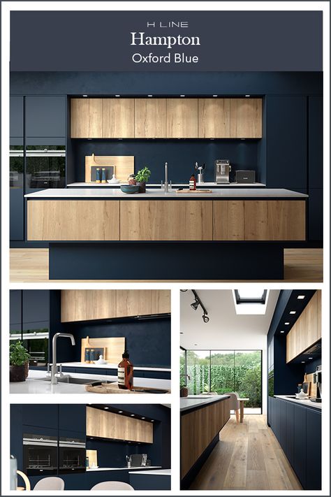 Dark kitchens are all about the drama and this dark blue combination with a wood effect textured finish is the epitome of modern kitchen design. Masterclass Kitchens distribute kitchens across to independent retailers across England, Wales and Scotland Blue Wooden Kitchen Cabinets, Dark Blue Wood Kitchen, Kitchen Dark Grey And Wood, Wood And Dark Kitchen, Kitchen Blue And Wood, Modern Dark Blue Kitchen, Dark Blue Modern Kitchen, Kitchen With Dark Blue Cabinets, Wood Blue Kitchen