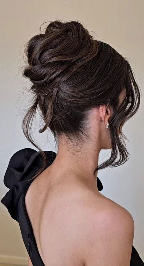 chic updo, hairstyle ideas, wedding hairstyle, wedding updo, updos, bridal hairstyle, bridal updos, messy updo, simple updo, messy upstyle, wedding hairstyle trends Bridal Hair That Covers Ears, Updo Bun For Wedding, Ball Updo Hairstyles Short Hair, Prom Hairstyles For Medium Hair Bun, Soft Bun Updo, Brunette Hair Updos Wedding, Buns For Bridesmaids, Bridal Hairstyle Dark Hair, Formal Wedding Hair Updo