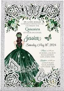 DORIS HOME 50Pcs Butterfly Quinceanera Invitation Emerald Green for 15 year, Sweet 16, Miss XV, Birthday Laser Cut Quince Invitation Cards Personalized Glitter Silver Invitations For Quinceanera, Quinceñera Invitations, Pew Flowers, Engagement Invitation Cards, Butterfly Invitations, Quince Invitations, Quince Decorations, Laser Cut Box, Silver Invitation