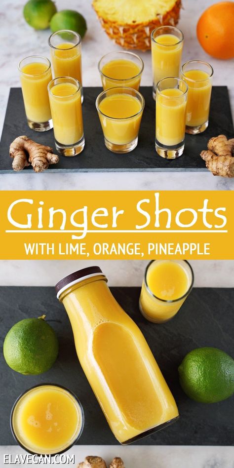 These 6-ingredient ginger shots (with pineapple, orange, and cayenne), are potent with immune-boosting, antioxidant, and anti-inflammatory benefits. They can be made in a blender or juicer! Immune Shots, Ginger Shots Recipe, Pineapple And Ginger, Ella Vegan, Ginger Shot Recipe, Eat Natural, Ginger Shots, Resep Juice, Healthy Juicer Recipes