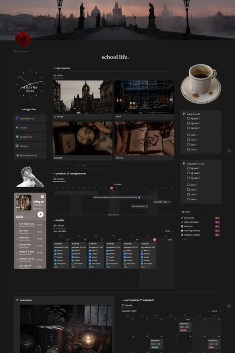 dark academia themed notion template for school! free download available #university #darkacademia #digitalplanner #schoolorganiser #notion #notiontemplate #darkacademianotion Organisation, Dark Academia University, Dark Academia School, University Planner, School Planner Template, To Do App, Study Apps, School Template, Notion Templates