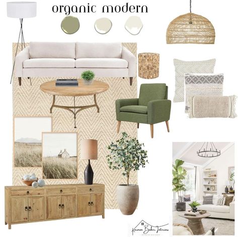 Orangic modern mood board with touches of green and neutral tone furniture #designtrends2023 #organicmodern #earthy #interiordesign #design #interiors #homeliving #livingroomdesign Side Board Decor, Modern Mood Board, White Washed Side Table, Organic Modern Design, Transitional Aesthetic, Organic Modern Living Room, Transitional Living Room Design, Organic Living Room, Vintage Inspired Rugs