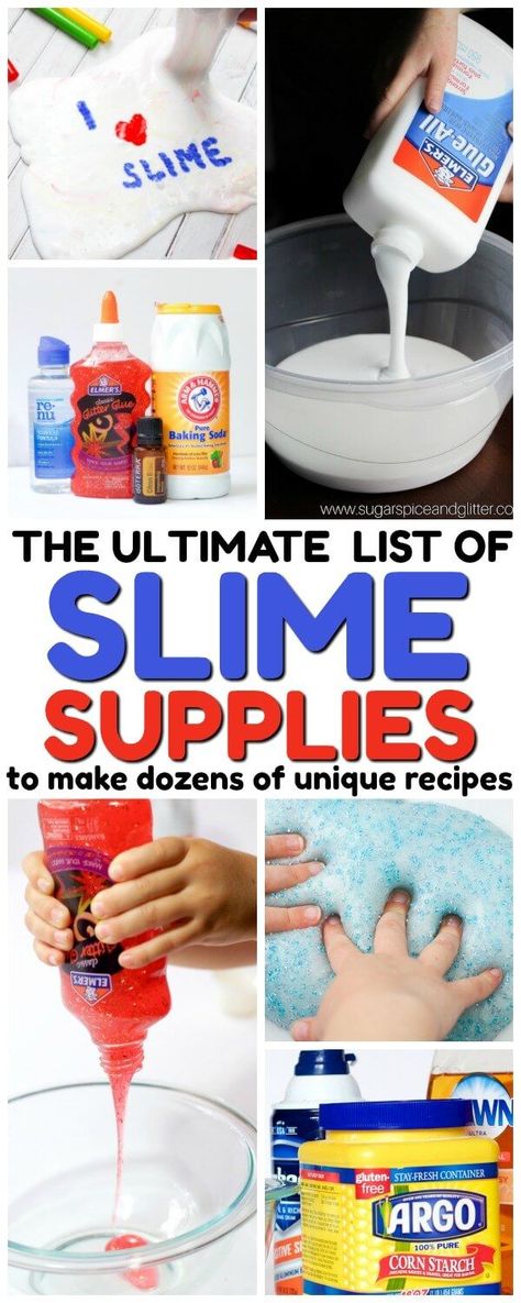 The ultimate list of slime supplies - everything you need to make dozens (or even hundreds) of unique and exciting slimes! Edible, glowing, fluffy, & more! Ultimate Slime, Slime Supplies, Edible Slime, Playing With Slime, Slimes Supplies, Slime Recipes, Slime Party, Homemade Slime, Slime Kit