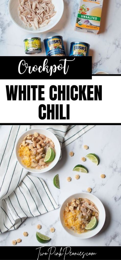 image with text overlay that says crockpot white chicken chili and an image of the ingredients needed to make the recipe and the recipe in two small white bowls below it White Chicken Chilli Crockpot, Chicken Chili With Rotisserie Chicken, White Chicken Chili With Rotisserie, Slow Cooker Chicken Chilli, Chilli Recipe Crockpot, White Chili Crockpot, White Chicken Chilli, Crockpot Rotisserie Chicken, Use Rotisserie Chicken