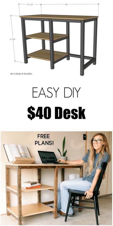 Easy DIY Desk for $40 Free Desk Plans, Desk Plans Woodworking, Diy Simple Desk, Diy Desk With Storage, Diy Storage Desk, Homemade Desk, Woodshop Diaries, Easy Diy Desk, Diy Crafts Desk