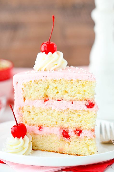 Cherry Almond Layer Cake - Life Love and Sugar Cherry Vanilla Cake, Cake With Cherries On Top, Almond Layer Cake, Cherry Buttercream, Cherry And Almond Cake, Cherry Frosting, Cherry Cake Recipe, Fruit Dips, Bolo Vintage