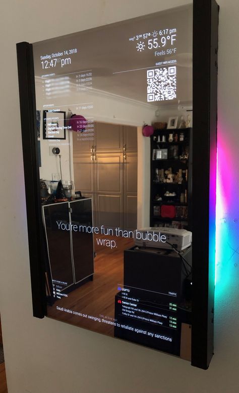 Smart Screen Wall, Smart Mirror Touchscreen, Cool Wall Mirror, Diy Magnet Wall, Safe In Office, Gaming Mirror, Automated Home, Cool Mirror Ideas, Diy Smart Mirror