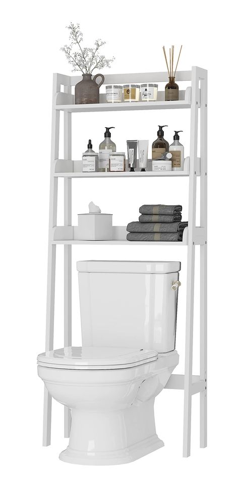 Ladder Shelf Decor, Apartment Hacks Organizing, Space Saving Shelves, Over Toilet Storage, Shelves Over Toilet, Bathroom Shelves Over Toilet, Toilet Shelves, Spare Bathroom, Over The Toilet