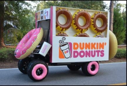 Dunkin Donuts Golf Cart Halloween Utv Decorations, Candy Land Golf Cart Parade, Golf Cart Float Ideas, Golf Cart Decorating Ideas Summer, Halloween Decorated Golf Carts, Halloween Golf Cart Decorations, Decorated Golf Cart Ideas, Boat Parade Decorating Ideas, Golf Cart Halloween Decorating Ideas