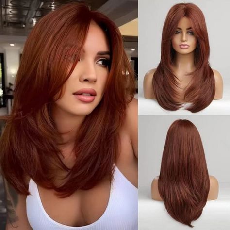 Color: Orange Red Straight Vxu 25 Inches 1. Material: This Short Wavy Curly Hair Wig Is Made Of 100% High-Quality, High-Temperature-Resistant Fiber, Super Soft And Very Skin-Friendly. The Appearance And Touch Are Very Real, Comparable To Real Human Hair, No Tangles, No Hair Algae, No Shedding; Easy To Take Care Of And Can Be Used For A Long Time. 2. New Fashion Wig: This Bob Hairstyle Represents Elegant, Intellectual, Mature And Attractive Women.Easy To Install, Suitable For Beginners, Daily Wor Layered Hair Wig, Hair Curtains, Longer Bob, Curtains Bangs, Haircut Brunette, Hairstyles Brown, Haircut Balayage, Balayage Haircut, Hairstyle Long