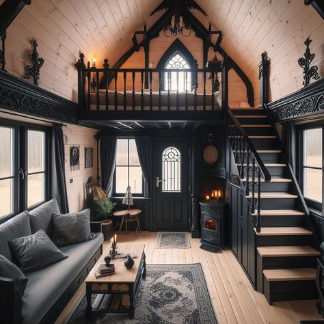 Black Interior Tiny House, Gothic Tiny House Interior, Goth Mobile Home, Goth Tiny House, Small Gothic House, Modern Gothic House, Gothic Tiny House, Gothic Modern House, Barn Tiny House