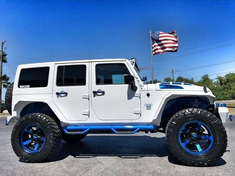 2018 Jeep Wrangler Custom White N’ BLUE Lifted Leather HARDTOP for sale Custom White Jeep Wrangler, White And Blue Jeep Wrangler, White Jeep Wrangler With Blue Accents, White Jeep With Blue Accents, Jeep Wrangler Blue, Jeep Wrangler Custom, Blue Jeep Wrangler, White Jeep Wrangler, Jeep Interiors