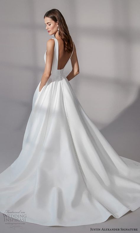 A Line Wedding Dress Backless, Justin Alexander Ballgown, Wedding Dress Classic Elegant Romantic, Elegant Simple Wedding Dress A Line, Classic Dress Wedding, Clean And Timeless Wedding Dress, Minimalist Classic Wedding Dresses, Necklace With High Neckline, Classic Wedding Dress Square Neck