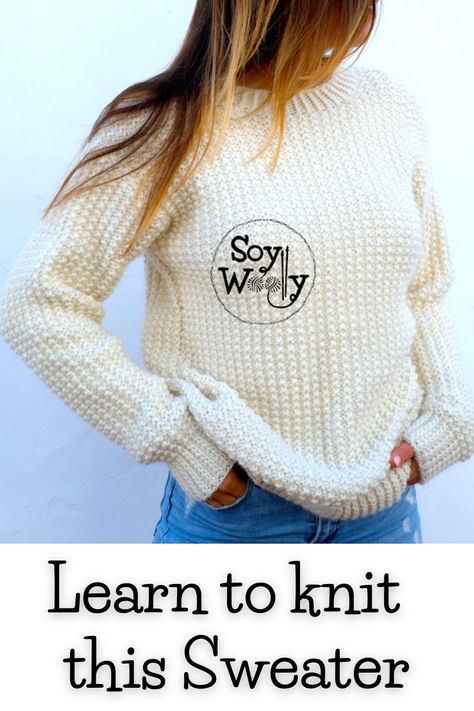 Today, I’m sharing how to knit a Sweater with straight needles, (round neck or crew neck), and I’ll show you how to do it, step by step. A free pattern that comes in five sizes: From XS up to XXL! #sowoolly #howtoknitasweater #knittingpattern How To Knit A Sweater With Straight Needles, Easy Beginner Knit Sweater Pattern, Knitted Sweaters Design, Simple Jumper Knitting Pattern, Easy Sweaters To Knit Free Pattern, Retro Sweater Knitting Pattern, Knitted Jerseys For Women Free Patterns, Easy Knitted Sweaters Free Pattern, Easy Knit Pullover Pattern Free