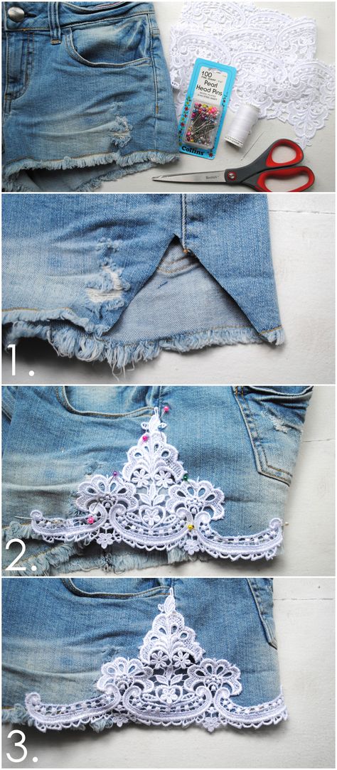 Add lace to shorts - I should do this with the jeans I ripped! Sew Ins, Things To Do With Old Jeans, Jean Diy, Diy Sy, Shorts Diy, Haine Diy, Diy Jeans, Diy Shorts, Costura Diy