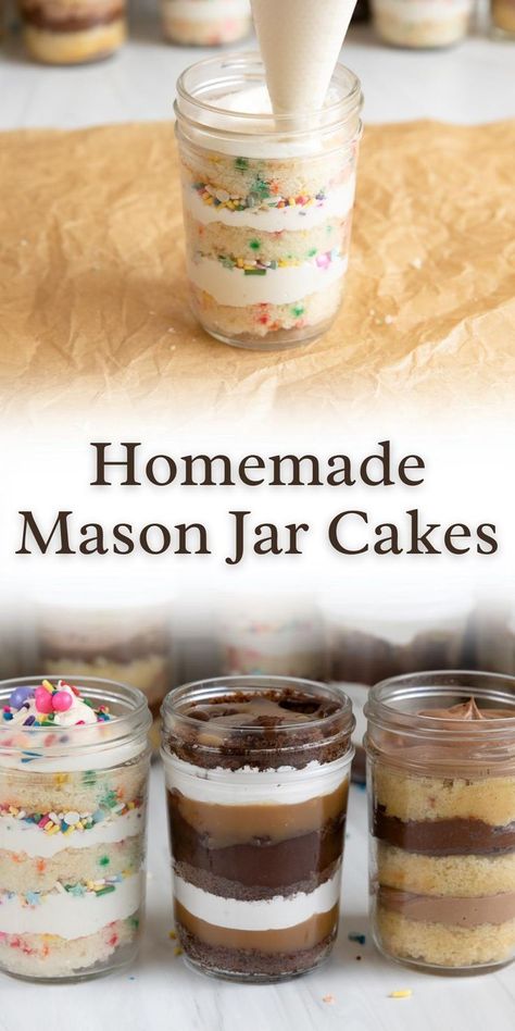 adding cake and frosting to a mason jar for homemade mason jar cakes. Mason Jar Deserts, Mason Jar Snacks, Mason Jar Desserts Recipes, Mason Jar Cupcakes, Jar Cakes, Mason Jar Cakes, Mason Jar Recipe, Dessert Cups Recipes, Mason Jar Desserts