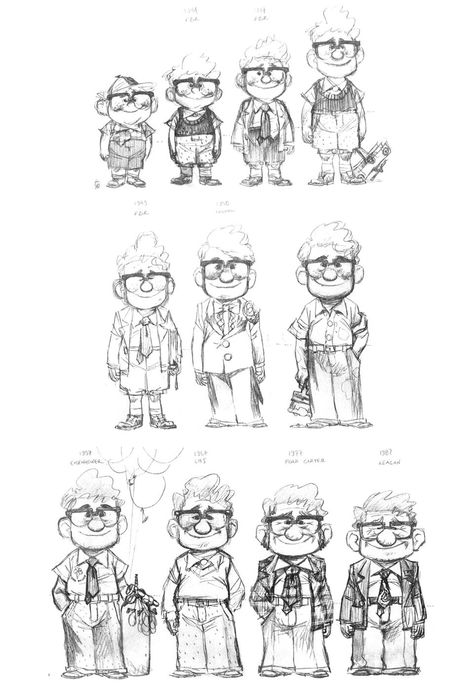 Pixar UP - Carl's stages of growing up/older Croquis Disney, Create Character, Carl Fredricksen, Pixar Animation Studios, Pixar Animation, Character Design Cartoon, 디즈니 캐릭터, Pixar Characters, Karakter Disney