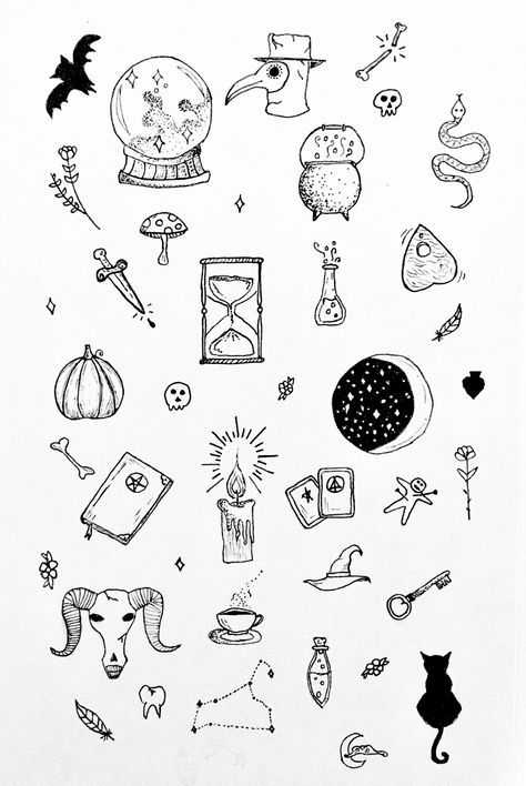 Stick And Poke Tattoo Halloween, Witchy Stick And Poke Tattoo, Witch’s Hat Tattoo, Mini Witch Tattoo, Magic Doodles Simple, Whimsigoth Doodles, Witchy Small Tattoos, How To Draw Witchy Things, Black Magic Tattoo Ideas