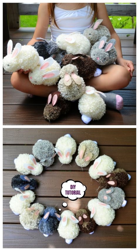 Cute DIY Pom Pom Easter Party Bunnies Craft Tutorials Kindergarten Easter Crafts, Pom Pom Bunny, Pompon Diy, Diy Pompom, Easter Food Crafts, Pom Pom Bunnies, Kerajinan Diy, Easter Arts And Crafts, Easter Craft Decorations