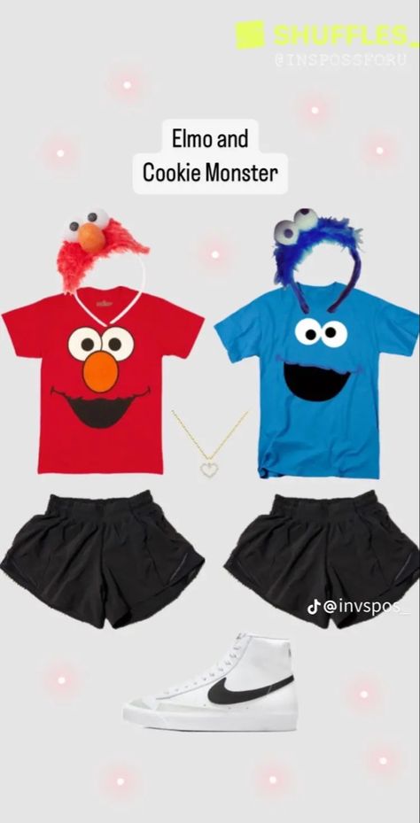 Duo Best Friends Costumes, Duo Halloween Costumes Elmo And Cookie Monster, Cute Halloween Outfits For Trios, Holowen Costum Ideas For 2, Cookie Monster Halloween Costume Couple, Cute Cartoon Halloween Costumes, Duo Diy Halloween Costumes, Easy Preppy Halloween Costumes, 2 Bestie Costumes