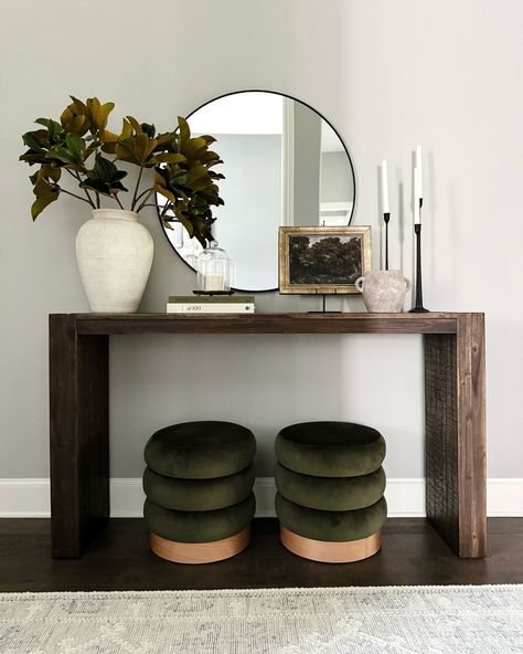 ✨Entry hall console table styling✨ 🛍️ Comment “CONSOLE” for a link to shop these posts Follow @homesimplycurated so the link isn’t blocked 💙 I’ve had some questions about table measurements recently: My table is 36” x 64”. The center of the mirror is 60” from the floor, bottom is 5” above the table, and it’s 36” wide (this is the smallest size I’d recommend for this table and I might try something larger). The stems are 41” tall and reach over 70” from the floor to the top. My ceilings are ... Entry Table Mirror, Organic Modern Transitional, Styling A Console Table, Entry Table With Mirror, Foyer Console Table, Morris Homes, Hall Console, Table Measurements, Hall Console Table