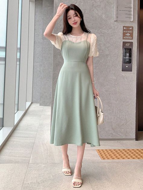 Green Casual,Elegant Collar Short Sleeve Woven Fabric Plain A Line Embellished Non-Stretch Summer Women Clothing Soft Feminine Outfits Spring, Feminine Outfits Casual, Soft Feminine Outfits, Sunday Clothes, Modest Summer Dresses, Elegantes Outfit, Feminine Aesthetic, Outfits Verano, Puffed Sleeves Dress