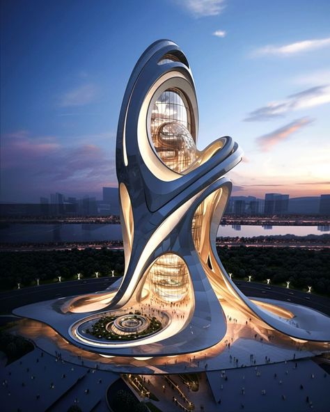 This futuristic building is a true work of art, seamlessly blending two strands - like a mother and her baby - in a mesmerizing biomorphic design. #architecture #architect #amazingarchitecture #design #interiordesign #interiordesigner #decor #homedecor #home #house #luxury #diy #travel #amazing #photography #realestate #casa #arquitecto #arquitectura #decoration #archviz #cgi #ai Fancy Building Architecture, Smart Building Design, Art Nouveau Futuristic, Futuristic Building Architecture, Unique Architecture Buildings, Futuristic Architecture Buildings, Futuristic Building Design, Architecture Concept Drawings Sketches, Concept Art Building