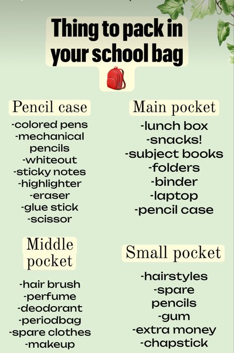 Things to keep in your backpack How To Organize A Backpack, Highschool Bag Checklist, Things To Take To Middle School, Things To Keep In Backpack, School Bag Essentials Middle School, Stuff To Pack For 5th Grade, Back To School 6th Grade Supplies, What Should Be In My Backpack For School, What To Have In Your Pencil Case List