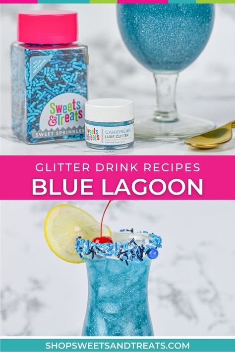 Blue Lagoon Drink Recipe, Blue Lagoon Drink, Edible Glitter Recipe, Blue Alcoholic Drinks, Gumball Party, Rum Drinks Recipes, Mermaid Drink, Cotton Candy Party, Alcholic Drinks