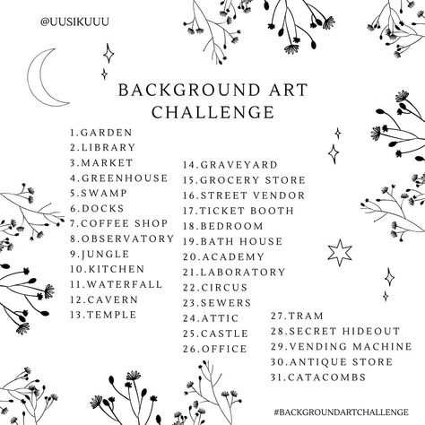 830 Likes, 79 Comments - Uusikuu 🌙 (@uusikuuu) on Instagram: “Here is my background art challenge! I hope you like it!  As you may know, I got really into…” Witch Drawing Prompts, Sketchbook Art Prompts, Cute Art Prompts, Whimsical Drawing Prompts, Places To Draw, Oc Tober, Art Prompts Ideas, Painting Prompts, Illustration Prompts