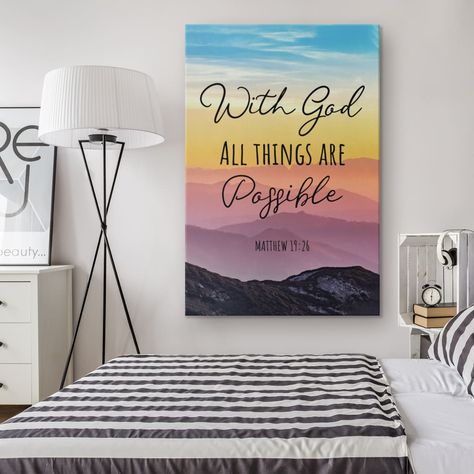 With god all things are possible Matthew 19:26 Bible verse wall art canvas Scripture Art Canvas, Bible Verse Canvas Art, Christian Canvas Art, Bible Verse Painting, Scripture Painting, Church Wall Art, Faith Based Art, Bible Journals, Scripture Canvas