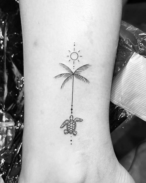 23 Palm Tree Tattoos: A Symbol of Paradise and Relaxation - Body Artifact Tropical Vacation Tattoo Ideas, Crab Tattoo For Women Simple, Maui Hawaii Tattoo Ideas, Waves And Palm Tree Tattoo, Sunset Beach Tattoo Design, Small Beach Inspired Tattoo, Beach Patchwork Tattoo, Turtle Wave Tattoo, Tattoo Ideas Ocean Theme