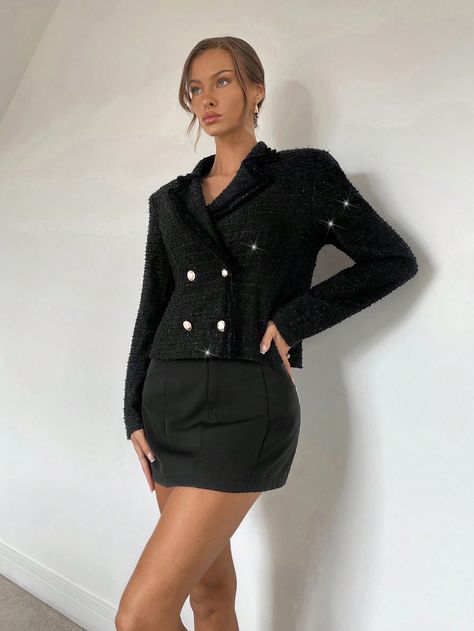 Negro Elegante Collar manga larga Tela tejida Liso,Estampado Integral Normal Embellished Elástico Ligero Old Money Style Black, Blazer Business Casual, Women Suit Jacket, Business Casual Women, Outfit Old Money, Women's Casual Fashion, Business Casual Blazer, Elegant Blazers, Fashion 90s