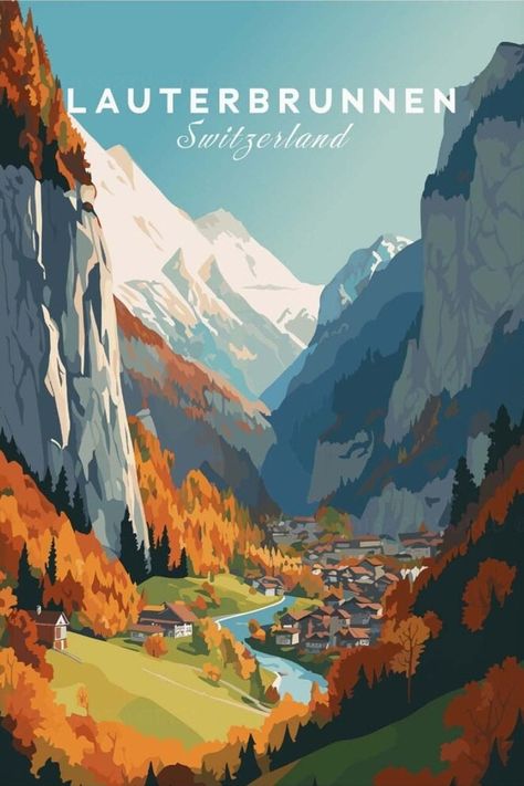 Vintage Ski Posters Switzerland, Vintage Swiss Poster, Switzerland Illustration, Switzerland Painting, Lauterbrunnen Switzerland, Wanderlust Decor, Vintage Ski Posters, Switzerland Cities, Train Posters