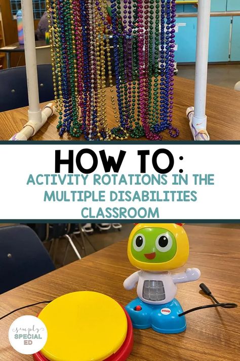 How are you using task systems in your multiple disability classroom? In this blog post I go over activity rotations that you can incorporate to find independent work that fits for all of your multiple disability students. I include a list of all my special education activities such as bead bars, sensory boards, and swinging bear that are all great ways to involve sound, texture and color. Read through all of my special education ideas on implementing a structured activity rotation here. Pmld Sensory Activities, Sensory Activities Disabilities, Adaptive Activities For Special Education, Cvi Light Box Activities, Teaching Students With Severe Disabilities, Day Habilitation Activities Developmental Disabilities, Severely Disabled Classroom, Sensory Activities Special Education, Functional Activities Special Education