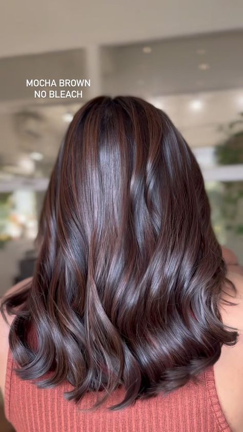 Mocha Brown Hair Highlights, Darkest Mahogany Brown Hair, 2c Hair Color Ideas, Cocoa Brown Hair Balayage, Shoulder Dark Brown Hair, Meghan Markle Hair Color, Balayage On Brown Skin Tone, Indian Tone Hair Color, Solid Hair Color Ideas For Curly Hair