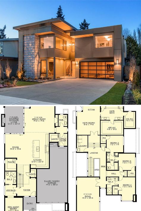 Modern House Exterior And Floor Plan, Traditional Modern House Plans, Modern House Exterior Front View, Modern House Design Front And Back View, Modern House Design Front View, Modern Luxury Exterior House, 2 Story Contemporary House Exterior, Home Layout Plans 2 Story, Modern House Design Blueprint