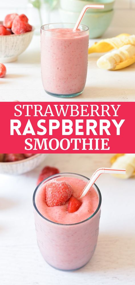 a strawberry smoothie with strawberries on top. Strawberry Raspberry Banana Smoothie, Strawberry And Raspberry Smoothie, Raspberry Strawberry Smoothie, Raspberry Shake Recipe, Smoothie Recipes Raspberry, Raspberry Smoothie Recipes Healthy, Easy Smoothie Recipes 3 Ingredients, Strawberry Raspberry Smoothie, Raspberry Smoothie Recipes