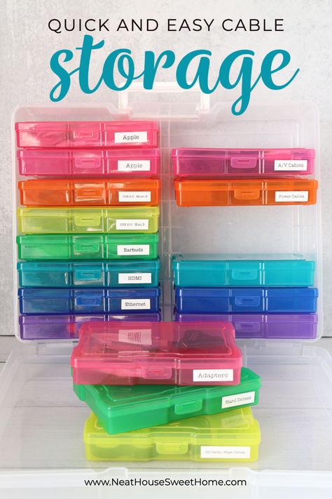 Organize cords and cables to finally get them under control. Use velcro ties for cable management, label them, use a picture box as cable storage. Organisation, Organize Cords, Organize Cables, Photo Box Storage, Organized Lifestyle, Tie Organization, Cable Storage, Cord Storage, Picture Boxes