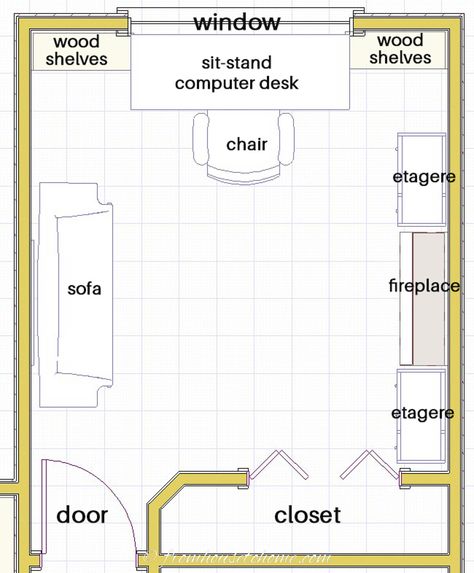 Double Desk Office Layout, Desk Facing Window, Double Desk Office, Window Bookshelves, Office With Sofa, Desk In Front Of Window, Home Office Floor Plan, Work Office Decor Ideas, Home Office Layout Ideas