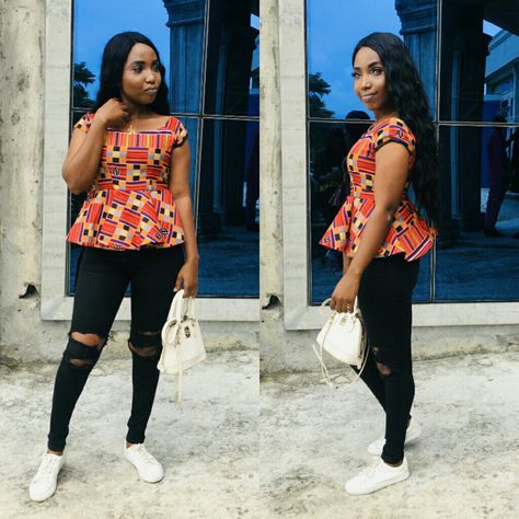 Ankara Blouse Styles For Jeans, Kitenge Tops, Top And Jeans Outfit, Ankara Blouse Styles, Ankara Peplum Top, Ankara Trousers, Ankara Peplum, Jeans Outfit Ideas, Ankara Blouse