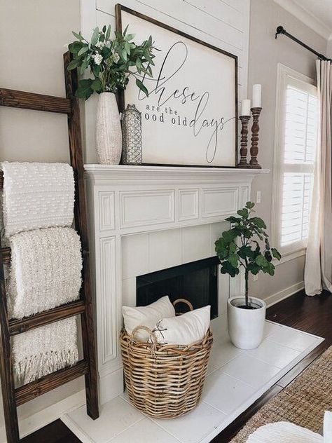 Entryway and living room decor ideas || Modern Farmhouse Contemporary Living Room Ideas Decor, Living Room With Armoire Ideas, Home Decor Ideas Contemporary, Fireplace Area Decor, Hobo Chic Living Room, In Front Of Fireplace Decor, Farmhouse Glam Decor Living Room, Dark Neutrals Living Room, Small Living Room Ideas With Fireplace