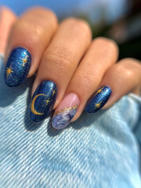 Blue Nails With Stars And Moon, Over The Moon Nails, Midnight Era Nails, Blue Moon Nails, Space Themed Nails, Moon And Stars Nails, Sun And Moon Nails, Easy Spring Nail Art, Zodiac Nail Designs