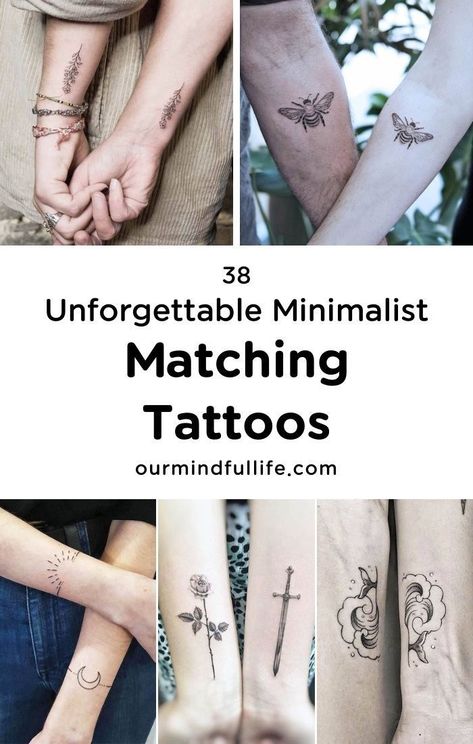 Queer Couple Tattoos, Simple Couple Tattoos Unique, Tattoo Pairs Friends, Matching Fine Line Tattoos For Best Friends, Minimalist Friend Tattoo, Mismatched Tattoos, Matching Minimal Tattoos, Simple And Unique Tattoos, Matching Bee Tattoo