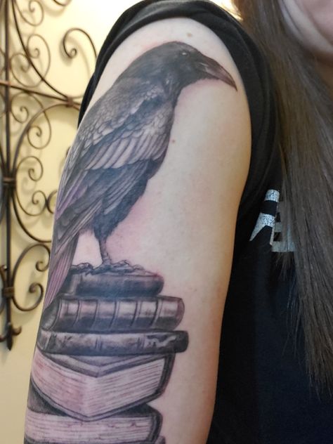 Raven on a stack of books Nature, Raven On Books Tattoo, Raven And Books Tattoo, Raven Book Tattoo, Books Tattoo, Dad Tattoo, A Stack Of Books, Raven Tattoo, Bff Tattoos