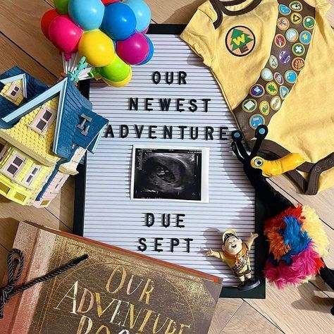 Movie Gender Reveal Ideas, Gender Reveal Up Theme, Up Theme Baby Shower Disney, Telling My Parents Im Pregnant Ideas, Disney Up Gender Reveal, Disney Up Nursery, Pixar Themed Nursery, Pixar Up Themed Baby Shower Ideas, Up Movie Baby Shower Theme